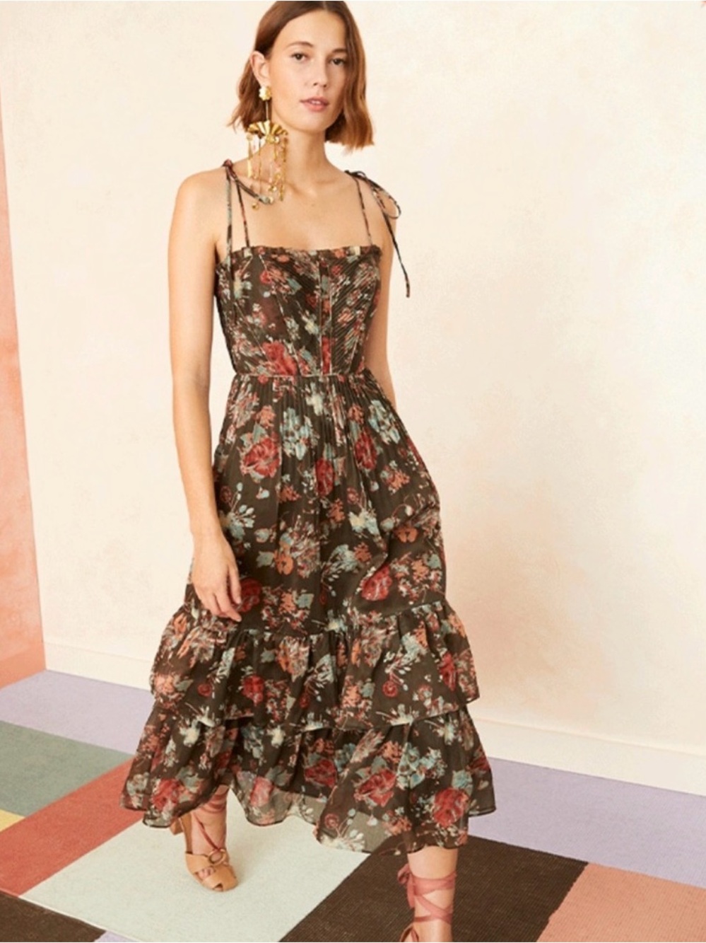 Ulla Johnson Loraine Brown Floral Tie-Shoulder Midi Dress Dark Romantic Size 00